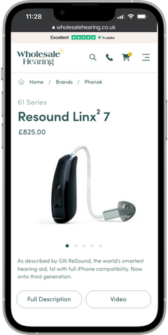 A product page on the Wholesale Hearing mobile website.